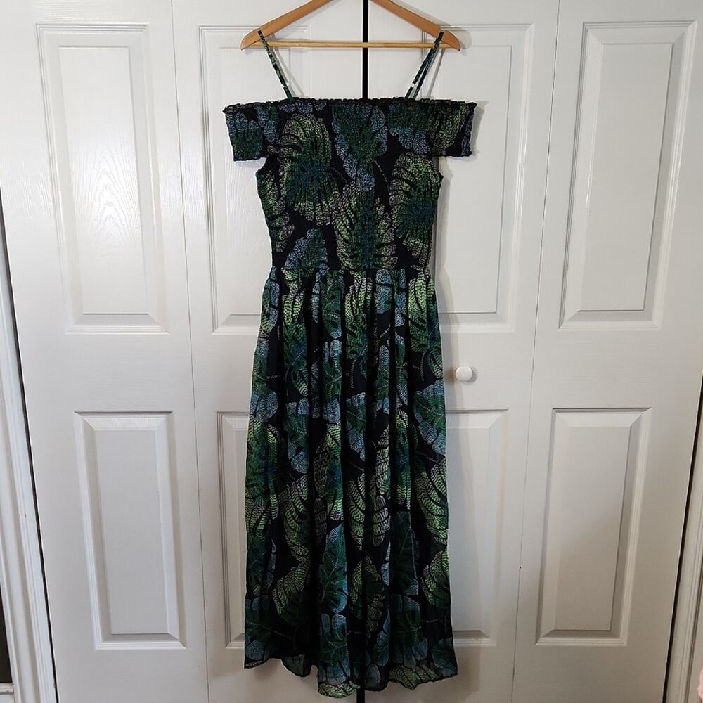 Black Multi-Colored Leaf Design Dress Size 6 Smocked Sheer Overlay Vacation NWT